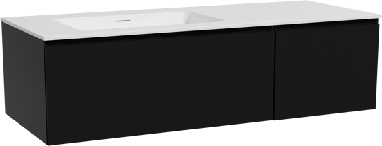 Storke Edge meuble salle de bains suspendu 130 x 52 cm noir mat avec Mata plan vasque asymétrique à gauche en solid surface blanc mat
