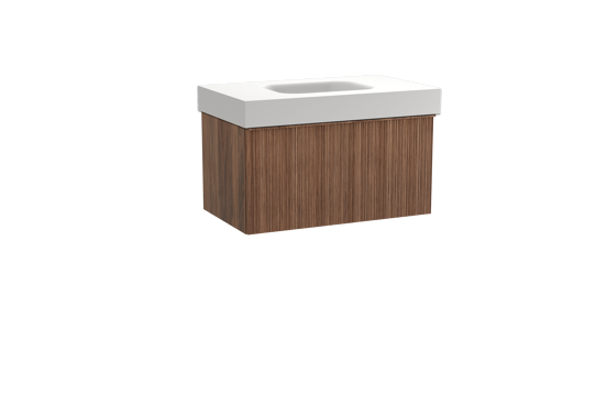 Balmani Forma zwevend badkamermeubel 90 x 55 cm amerikaanse notelaar met Arcato enkele wastafel in solid surface mat wit, Verticale asymmetrische ronde ribbel