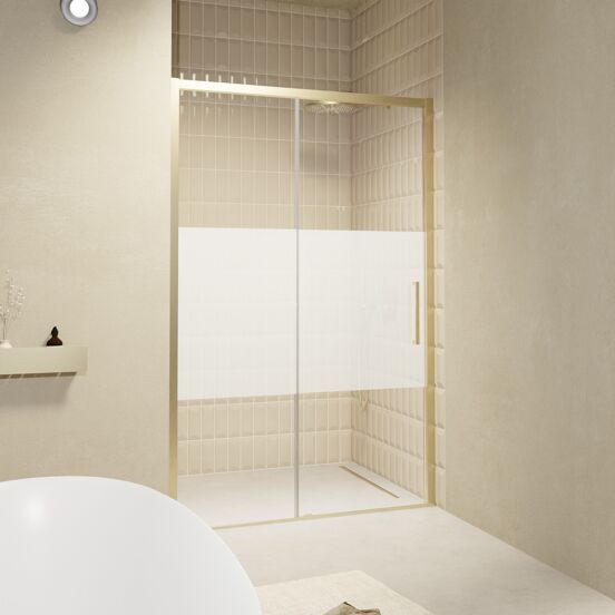 Balmani Senses Design porte coulissante à gauche 120 cm x 210 cm verre transparent avec bande matte, Profil Brushed Champagne Gold