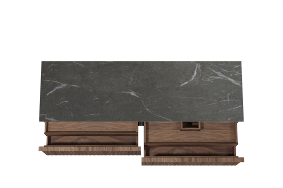 Balmani Forma hängendes Möbelstück Set: 180 x 55 cm, Amerikanischer Nussbaum, mit Stretto Einzel- oder Doppel Waschtischplatte, Marmor, Pietra Grey, Vertikale symmetrische gerade Rippe