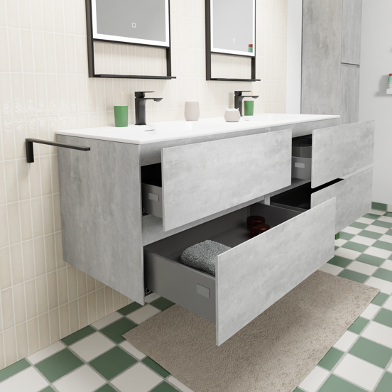 Storke Edge zwevend badmeubel 150 x 52 cm beton donkergrijs met Mata dubbele wastafel in solid surface mat wit