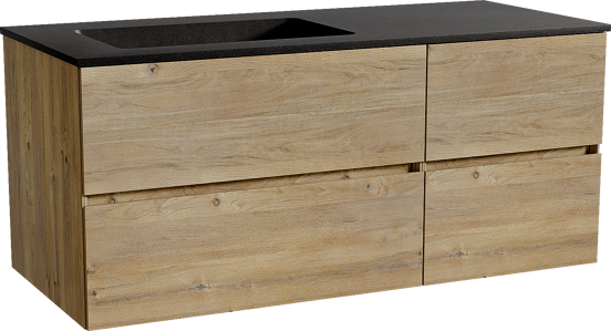 Storke Edge zwevend badmeubel 120 x 52 cm ruw eiken met Scuro asymmetrisch linkse wastafel in kwarts mat zwart