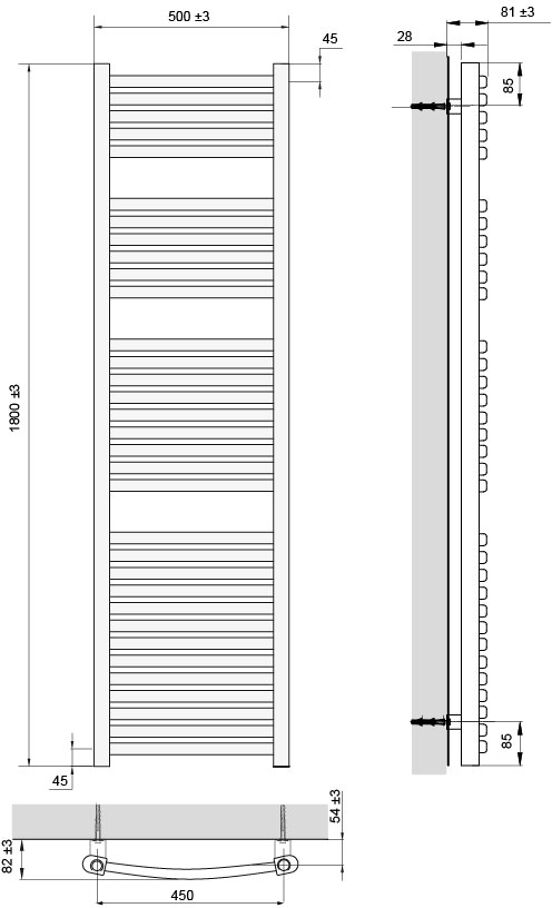 Vipera Kanza Rx enkele handdoekradiator 50 x 180 cm centrale verwarming antraciet grijs zijaansluiting 781W