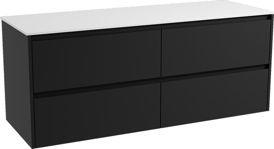 Storke Seda hängendes Möbelstück Set: 150 x 52 cm, Schwarz matt, mit Tavola Einzel- oder Doppel Waschtischplatte, Solid Surface Weiß matt