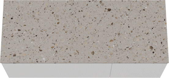 Balmani Fila hängendes Möbelstück Set: 135 x 55 cm, Weiß matt, mit Stretto Einzel- oder Doppel Waschtischplatte, Terrazzo in Greige, Vertikale symmetrische gerade Rippe