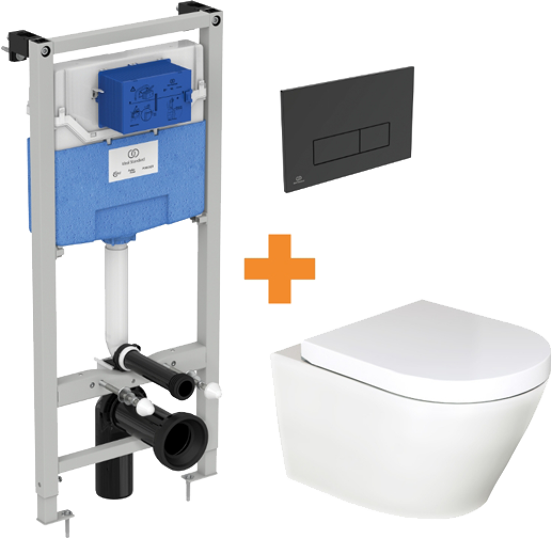 Luca Varess Calibro WC suspendu blanc mat sans bride avec bâti-support et Ideal Standard Oleas M2 noir mat plaque de commande gratuit
