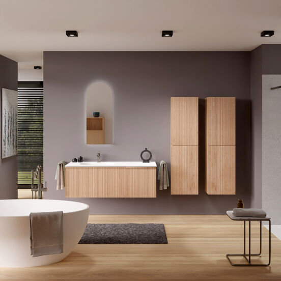 Balmani Forma meuble salle de bains suspendu 135 x 55 cm chêne naturel avec Tablo Oval vasque asymétrique gauche en solid surface blanc mat, Nervure circulaire asymétrique verticale