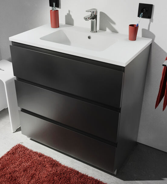 Linie Lado meuble sous-vasque a poser 80 x 46 cm noir mat 3 tiroirs