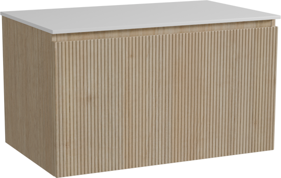 Storke Ribs zwevend badkamermeubel 85 x 52 cm ruwe eik met Tavola enkel tablet in solid surface mat wit, Verticale symmetrische rechte ribbel