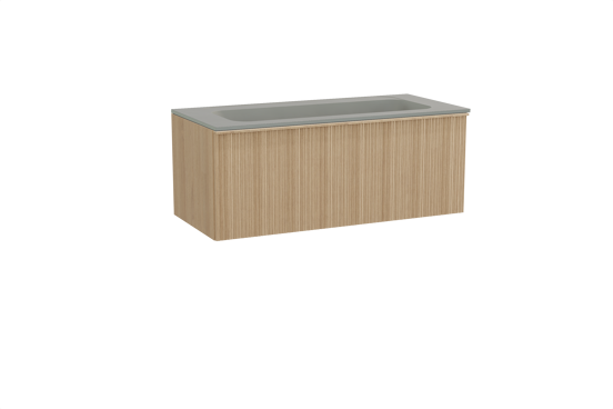 Balmani Forma zwevend badkamermeubel 120 x 55 cm natuur eik met Tablo Strada enkele wastafel voor 2 kraangaten in composietmarmer zijdegrijs, Verticale asymmetrische ronde ribbel