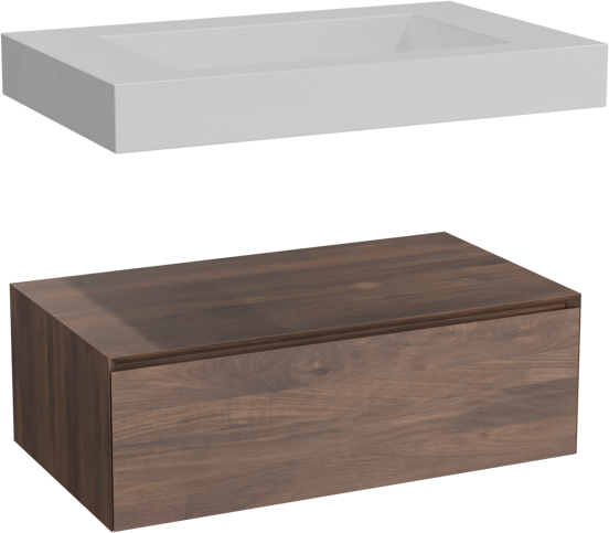 Balmani Mitra Elements hängendes Möbelstück Set: 90 x 55 cm, Amerikanischer Nussbaum mit Modus Einzelwaschtisch, Solid Surface Weiß matt