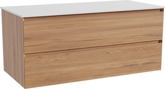 Balmani Mitra zwevend badkamermeubel 120 x 55 cm teak met Stretto enkel of dubbel tablet in solid surface mat wit