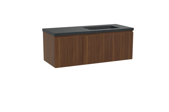 Balmani Sfera hängendes Möbelstück Set: 135 x 55 cm, Amerikanischer Nussbaum, mit Napoli Waschtisch rechts, Schwarzes Granit