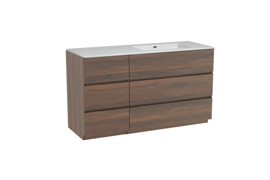 Storke Edge staand badkamermeubel 140 x 52 cm notelaar met Diva asymmetrisch rechtse wastafel in composietmarmer glanzend wit