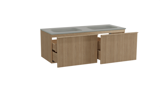 Balmani Forma zwevend badkamermeubel 135 x 55 cm natuur eik met Tablo Strada dubbele wastafel in composietmarmer zijdegrijs, Verticale symmetrische rechte ribbel