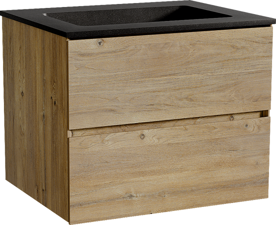Storke Edge zwevend badmeubel 65 x 52 cm ruw eiken met Scuro enkele wastafel in kwarts mat zwart