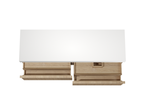 Balmani Forma hängendes Möbelstück Set: 180 x 55 cm, Naturbelassene Eiche, mit Dominus Einzel- oder Doppel Waschtischplatte, Solid Surface, Weiß matt, Vertikale symmetrische gerade Rippe