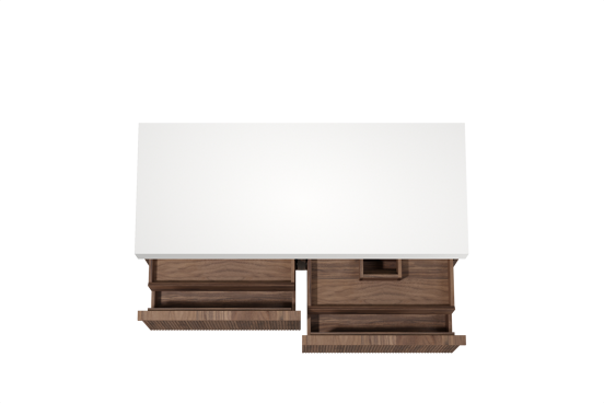 Balmani Forma hängendes Möbelstück Set: 135 x 55 cm, Amerikanischer Nussbaum, mit Dominus Einzel- oder Doppel Waschtischplatte, Solid Surface, Weiß matt, Vertikale symmetrische gerade Rippe