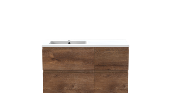 Linie Lado zwevend badkamermeubel 100 x 46 cm bruine eik met Vano asymmetrisch linkse wastafel in composietmarmer mat wit