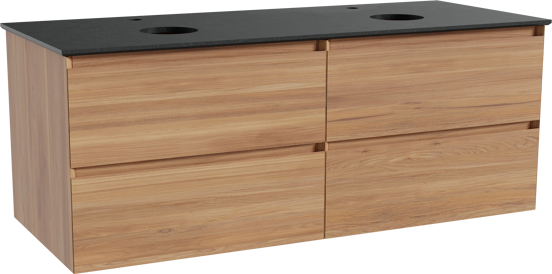 Balmani Mitra hängendes Möbelstück Set: 135 x 55 cm, Teak, mit Facetta Doppel Waschtischplatte, Schwarzes Granit