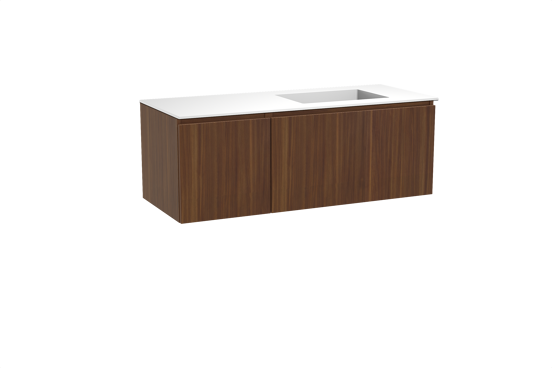 Balmani Sfera hängendes Möbelstück Set: 135 x 55 cm, Amerikanischer Nussbaum, mit Tablo Stretto Waschtisch rechts, Solid Surface Weiß matt