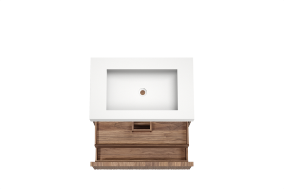 Balmani Forma meuble salle de bains suspendu 90 x 55 cm noyer américain avec Modus plan simple en solid surface blanc mat, Nervure circulaire asymétrique verticale