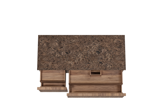 Balmani Forma zwevend badmeubel 135 x 55 cm amerikaans notenhout met Stretto enkel of dubbel wastafelblad in marmer dark emperador, Verticale asymmetrische ronde ribbel