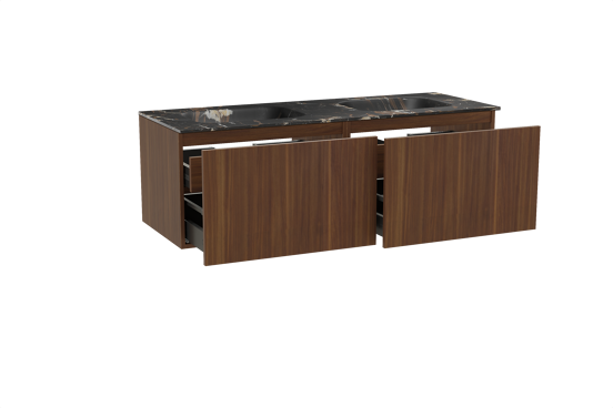 Balmani Sfera hängendes Möbelstück Set: 150 x 55 cm, Amerikanischer Nussbaum, mit Tablo Arcato Doppelwaschtisch, Marmor Portoro Gold