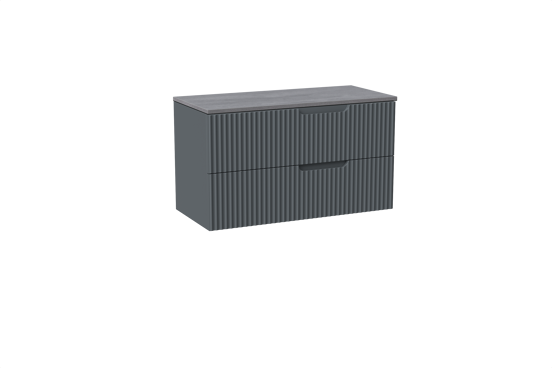 Linie Ribbo meuble salle de bains suspendu 100 x 46 cm bleu anthracite avec Lado tablette simple ou double en mélaminé béton gris foncé, Nervure circulaire symétrique verticale