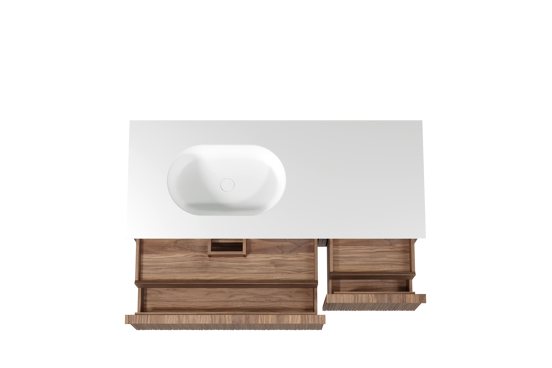 Balmani Forma meuble salle de bains suspendu 135 x 55 cm noyer américain avec Tablo Oval vasque asymétrique gauche en solid surface blanc mat, Nervure circulaire asymétrique verticale