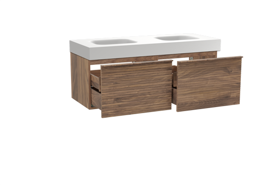 Balmani Forma hängendes Möbelstück Set: 135 x 55 cm, Amerikanischer Nussbaum, mit Arcato Doppelwaschtisch, Solid Surface, Weiß matt, Horizontale symmetrische gerade Rippe