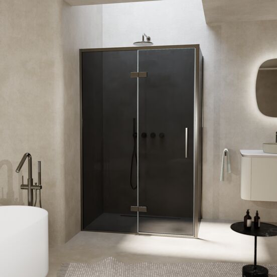 Balmani Senses Design douchehoek met linkse draaideur en vaste zijwand, 120 x 90 cm, Rookglas, Brushed GunMetal profielen, met coating