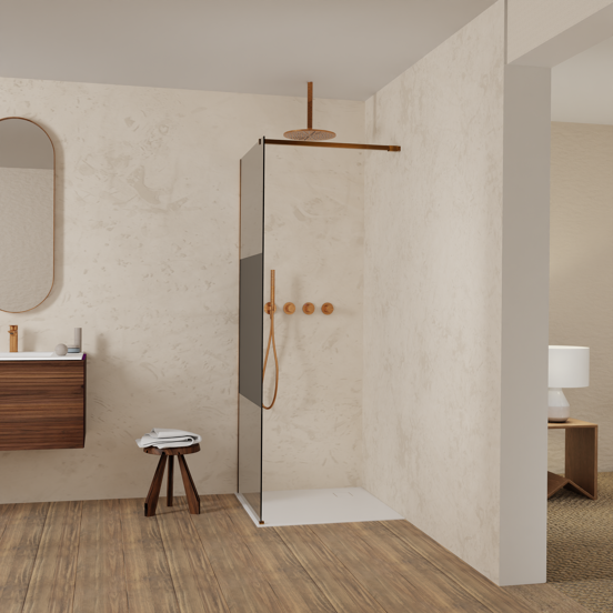 Balmani Modular inloopdouche: 80 x 200 cm, Rookglas met matte strook met coating, Brushed Rosegold profielen
