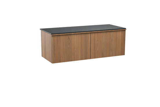Balmani Forma hängendes Möbelstück Set: 135 x 55 cm, Teak, mit Stretto Einzel- oder Doppel Waschtischplatte, Granit, Schwarzes Granit, Vertikale symmetrische gerade Rippe