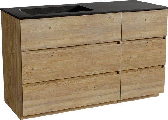 Storke Edge staand badkamermeubel 130 x 52 cm ruwe eik met Scuro asymmetrisch linkse wastafel in kwarts mat zwart