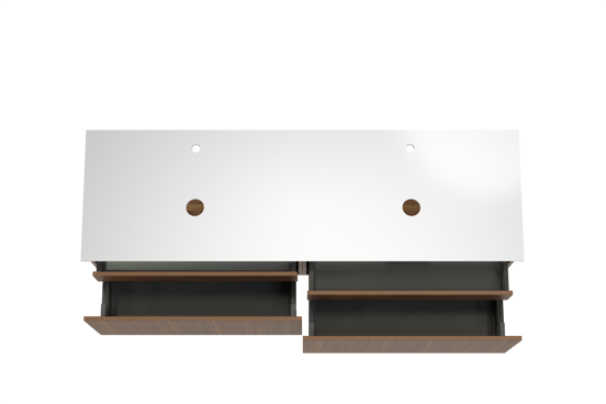 Balmani Sfera hängendes Möbelstück Set: 180 x 55 cm, Amerikanischer Nussbaum, mit Facetta Doppel Waschtischplatte, Solid Surface Weiß matt