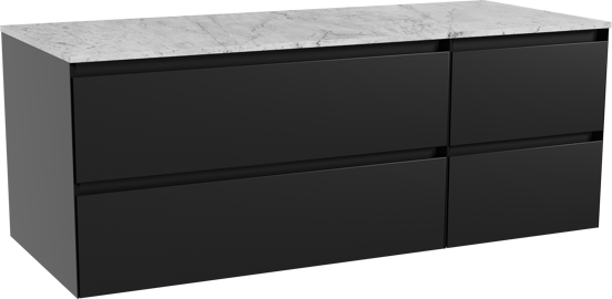 Balmani Mitra hängendes Möbelstück Set: 135 x 55 cm, Schwarz matt, mit Stretto Einzel- oder Doppel Waschtischplatte, Marmor Carrara
