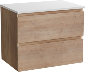 Linie Lado zwevend badkamermeubel 70 x 46 cm natuur eik met Lado enkel tablet in composietmarmer glanzend wit