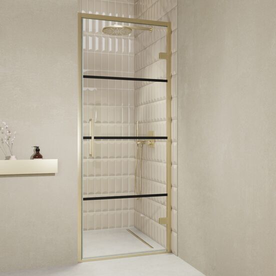 Balmani Senses Design Dusche Drehtür, Rechts, 90 cm x 210 cm, Lined, Profil Brushed Champagner Gold, inklusive Coating