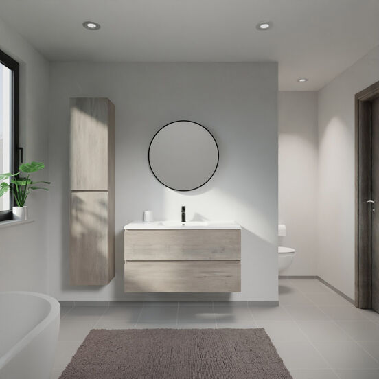 Linie Lado meuble salle de bains suspendu 100 x 46 cm chêne gris avec Vano plan simple en marbre composite blanc brillant