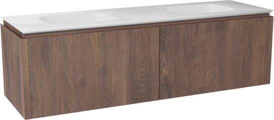 Balmani Eclips zwevend badkamermeubel 180 x 55 cm Amerikaanse notelaar met Eclips dubbele wastafel in Solid Surface mat wit
