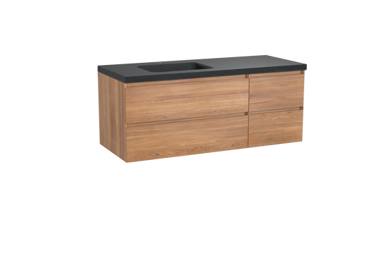 Balmani Mitra zwevend badkamermeubel 135 x 55 cm teak met Napoli asymmetrisch linkse wastafel in graniet zwart