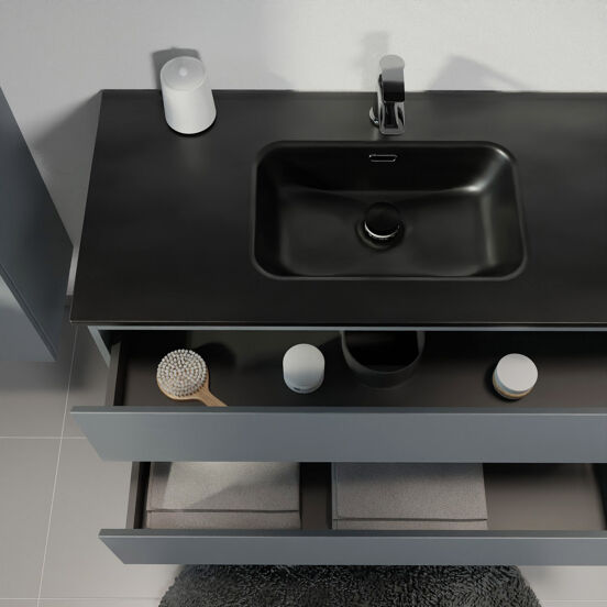 Linie Lado hängendes Möbelstück Set: 60 x 46 cm, Anthrazitblau, mit Baro Einzelwaschtisch, Porzellan Schwarz matt