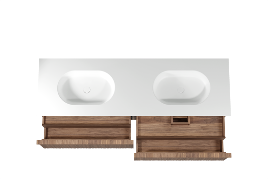 Balmani Forma zwevend badkamermeubel 180 x 55 cm amerikaanse notelaar met Tablo Oval dubbele wastafel in solid surface mat wit, Verticale asymmetrische ronde ribbel