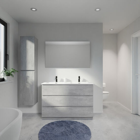 Linie Lado meuble salle de bains à poser 120 x 46 cm béton gris foncé avec Baro double vasque en porcelaine blanc mat