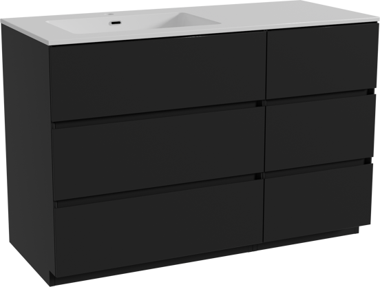 Storke Edge staand badmeubel 120 x 52 cm mat zwart met Diva asymmetrisch linkse wastafel in composietmarmer hoogglans wit