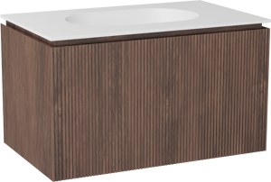 Balmani Eclips zwevend badmeubel 90 x 55 cm Amerikaans notenhout met Tablo Oval enkele wastafel in Solid Surface mat wit, Verticale symmetrische rechte ribbel