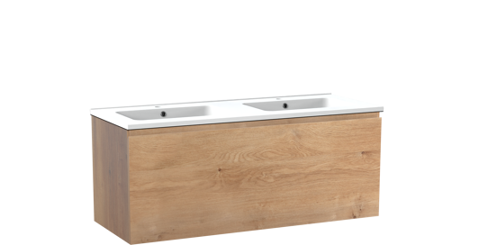 Linie Lado zwevend badmeubel 120 x 46 cm naturel eiken met Vano dubbele wastafel in composietmarmer mat wit