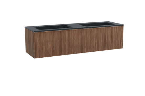 Balmani Forma zwevend badkamermeubel 180 x 55 cm amerikaanse notelaar met Tablo Strada dubbele wastafel in composietmarmer mat zwart, Verticale asymmetrische ronde ribbel