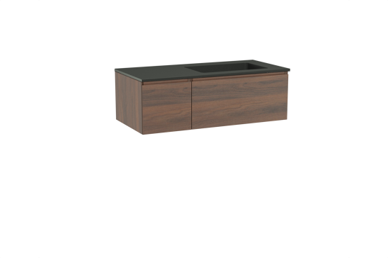 Storke Edge zwevend badkamermeubel 110 x 52 cm notelaar met Scuro asymmetrisch rechtse wastafel in kwarts mat zwart